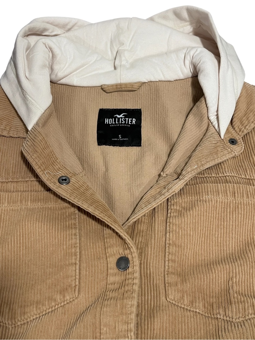 Hollister Hooded Corduroy Shacket Jacket Tan Snap Front Women’s Small - Picture 2 of 8